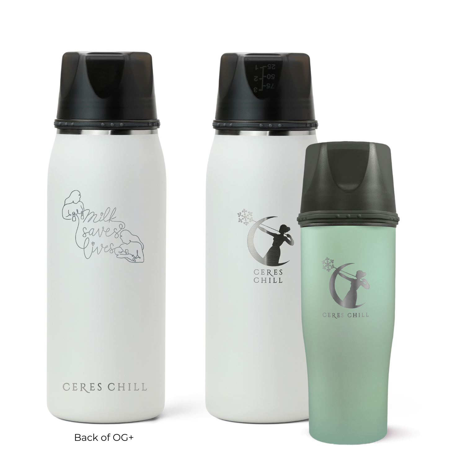 Three Ceres Chill insulated breast milk storage bottles in green and white on a white background.