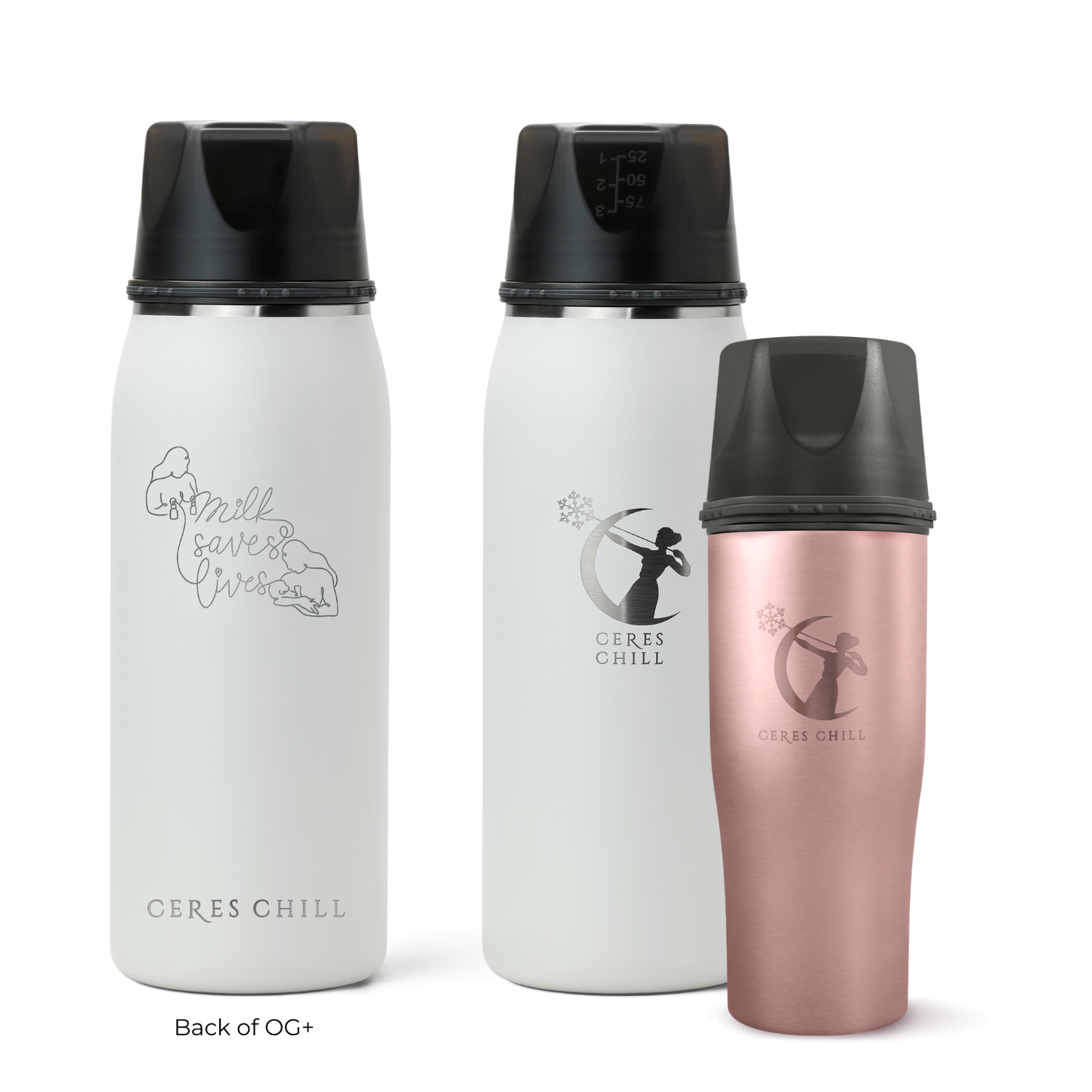 Three Ceres Chill insulated breast milk storage bottles in white and rose gold on a white background.