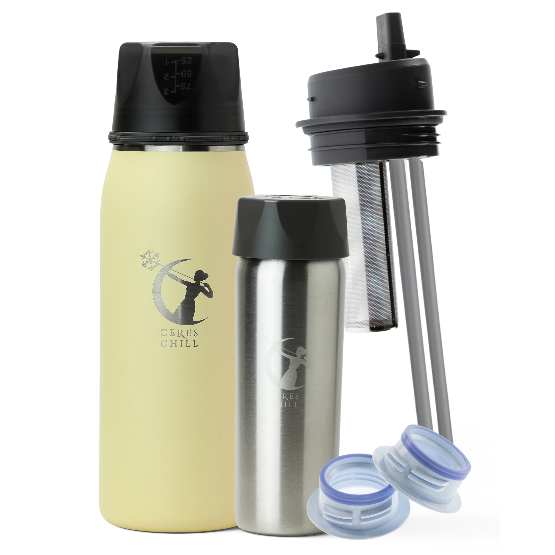 Collection of items including a Yellow OG+ breast milk insulated storage chiller, inner chamber, tea infuser, and breast pump attachments on a white background