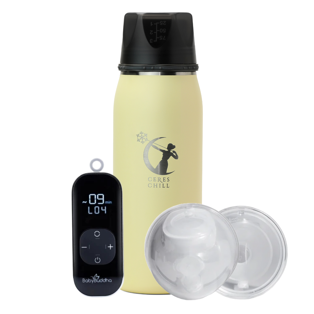 Yellow insulated bottle with black lid and digital controller on a white background