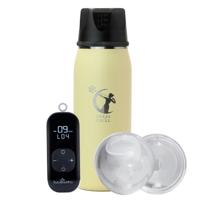 Yellow insulated bottle with black lid and digital controller on a white background