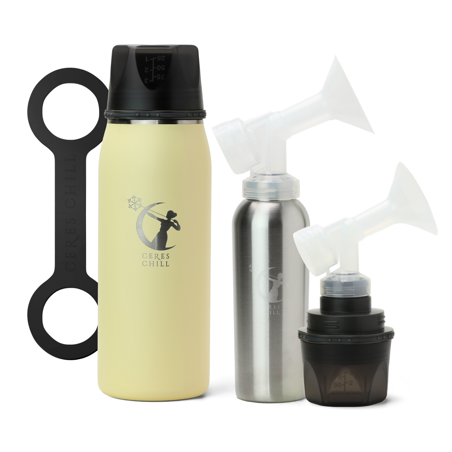 Collection of items including a yellow breast milk insulated storage chiller, inner chamber, cup, and breast pump attachments on a white background