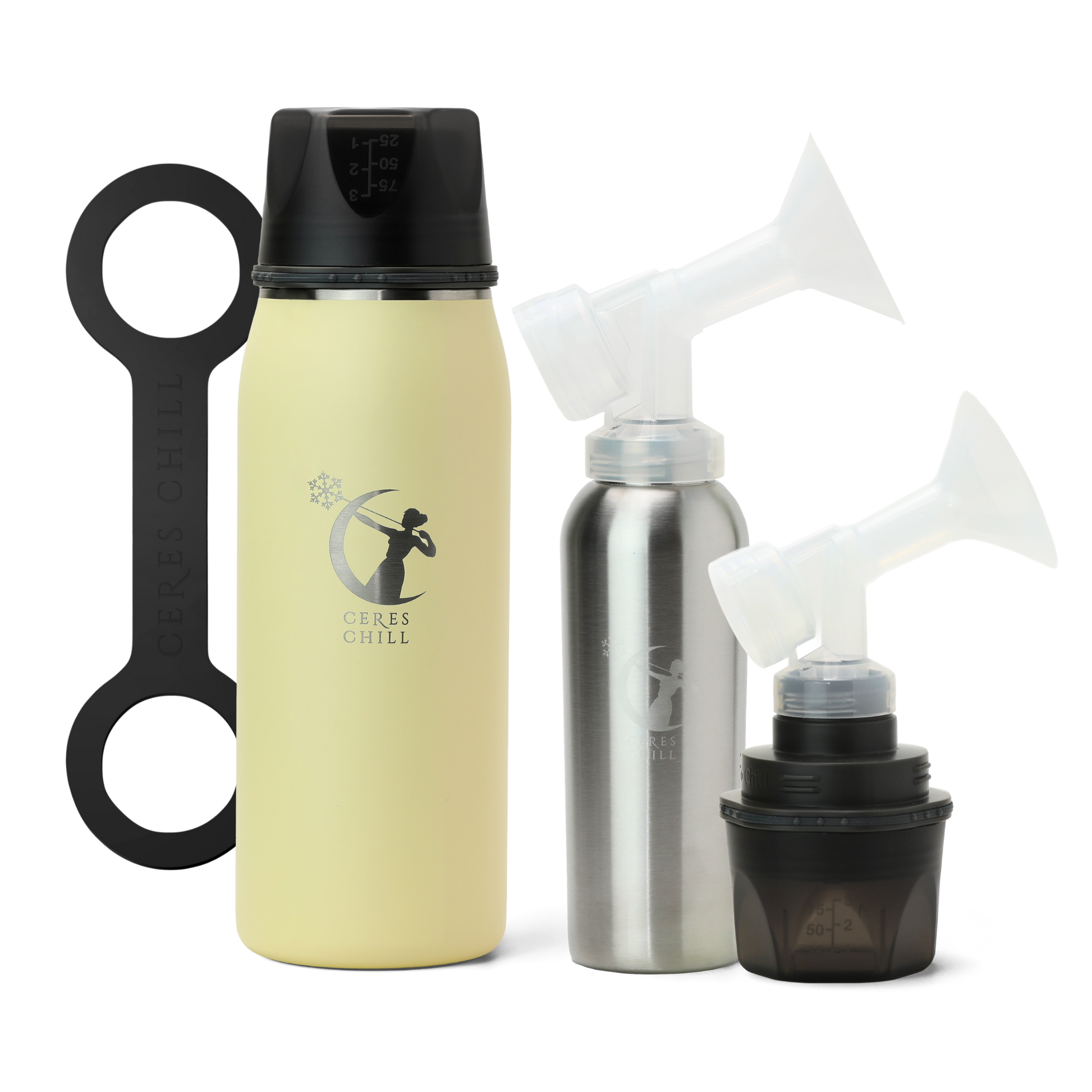 Collection of items including a yellow breast milk insulated storage chiller, inner chamber, cup, and breast pump attachments on a white background