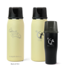 Three Ceres Chill insulated breast milk storage bottles in yellow and black on a white background.