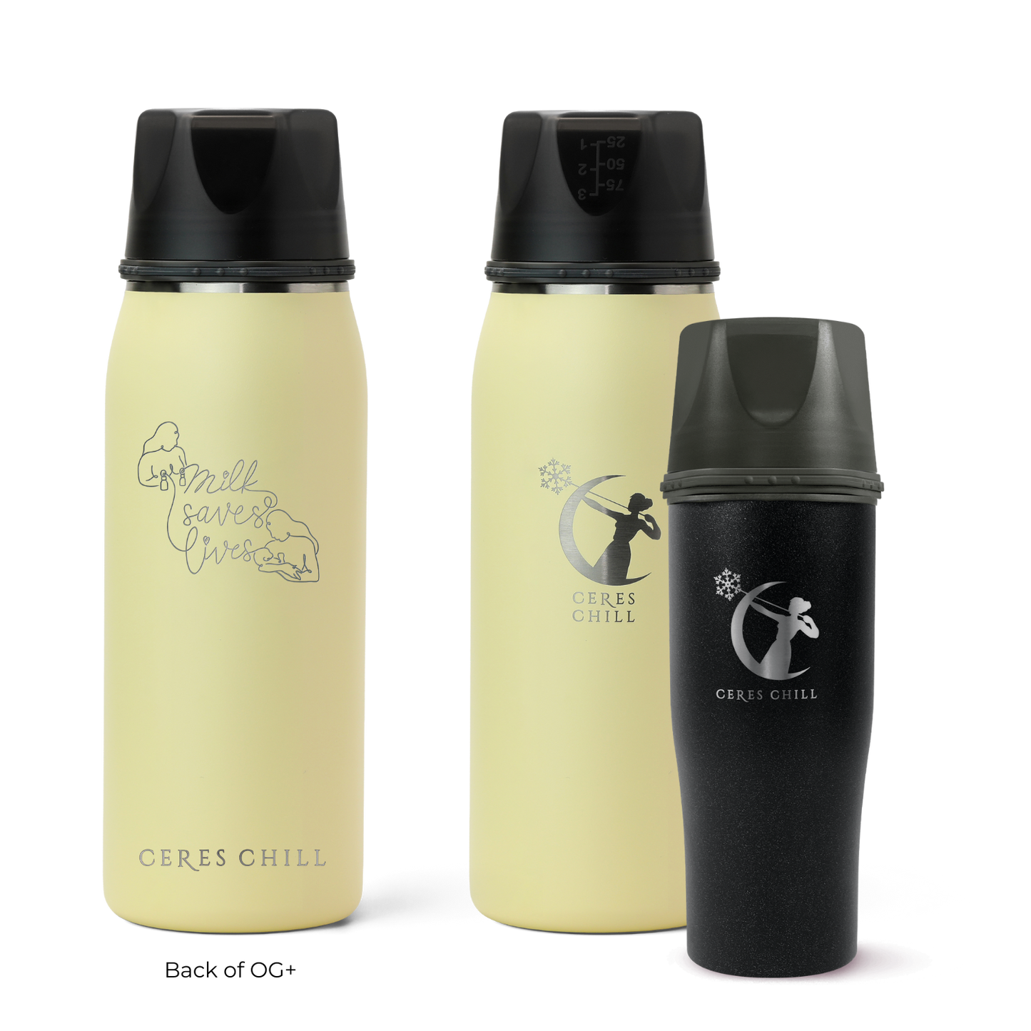 Three Ceres Chill insulated breast milk storage bottles in yellow and black on a white background.