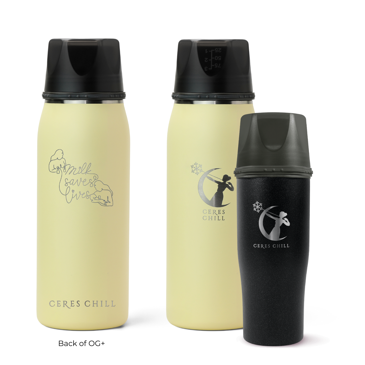 Three Ceres Chill insulated breast milk storage bottles in yellow and black on a white background.
