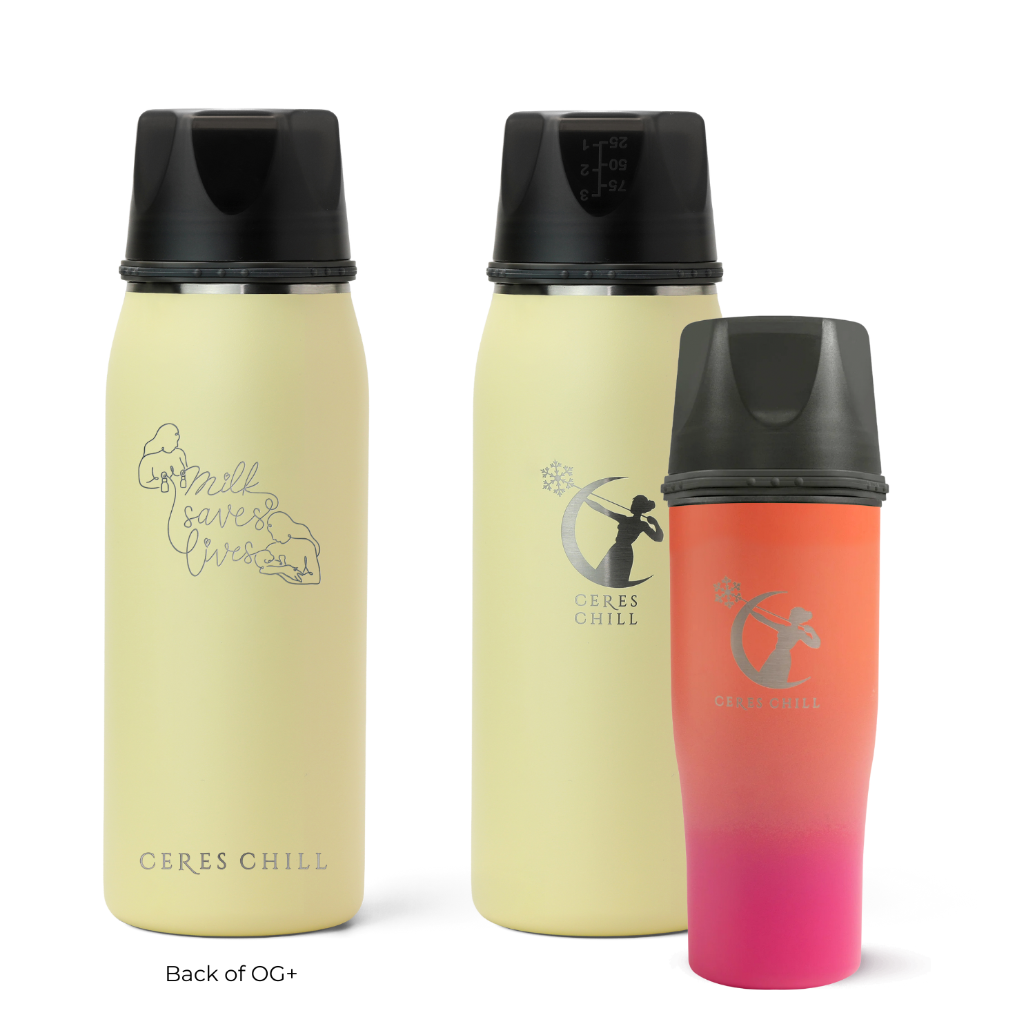 Three Ceres Chill insulated breast milk storage bottles in yellow and dusk on a white background.