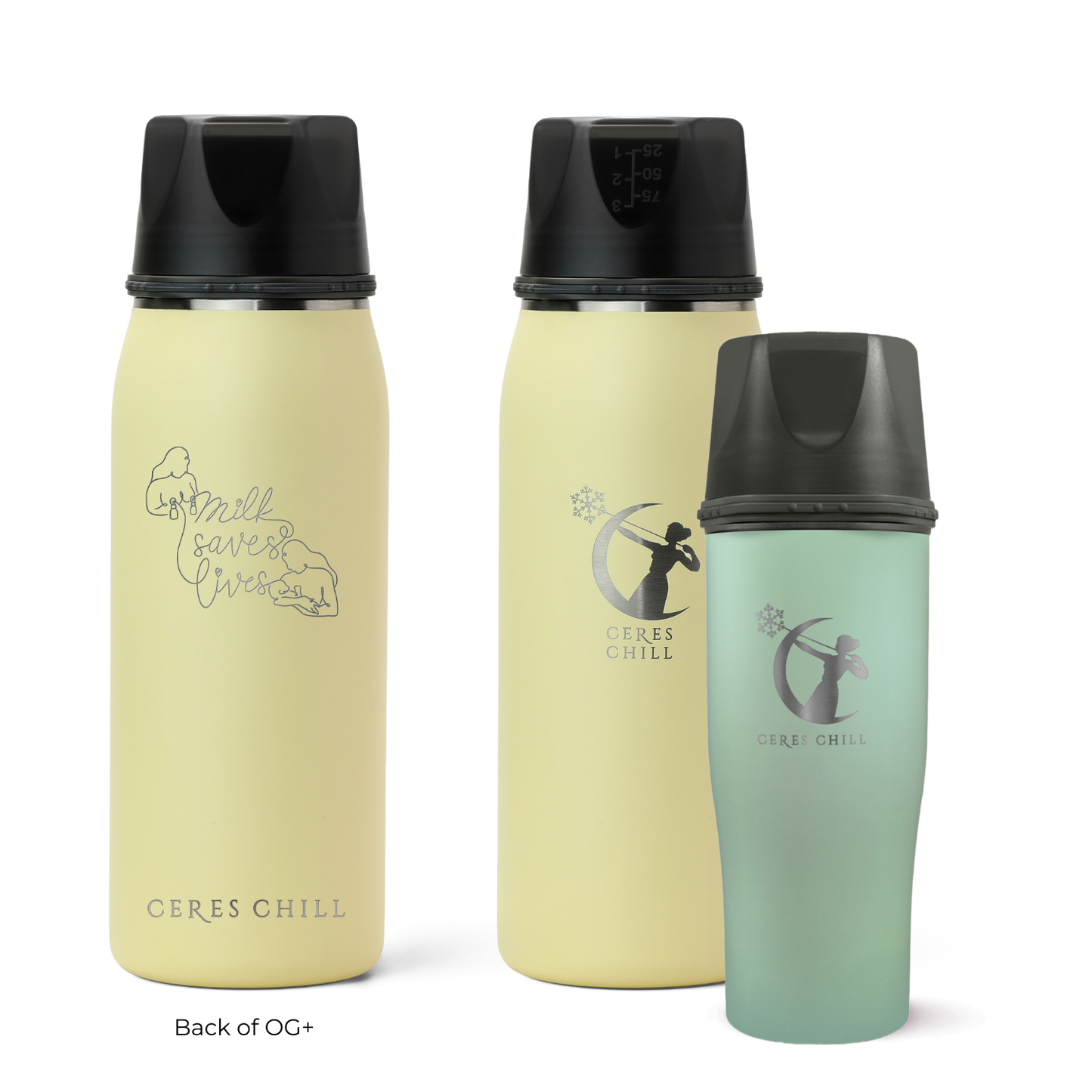 Three Ceres Chill insulated breast milk storage bottles in yellow and green on a white background.