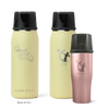Three Ceres Chill insulated breast milk storage bottles in yellow and rose gold on a white background.