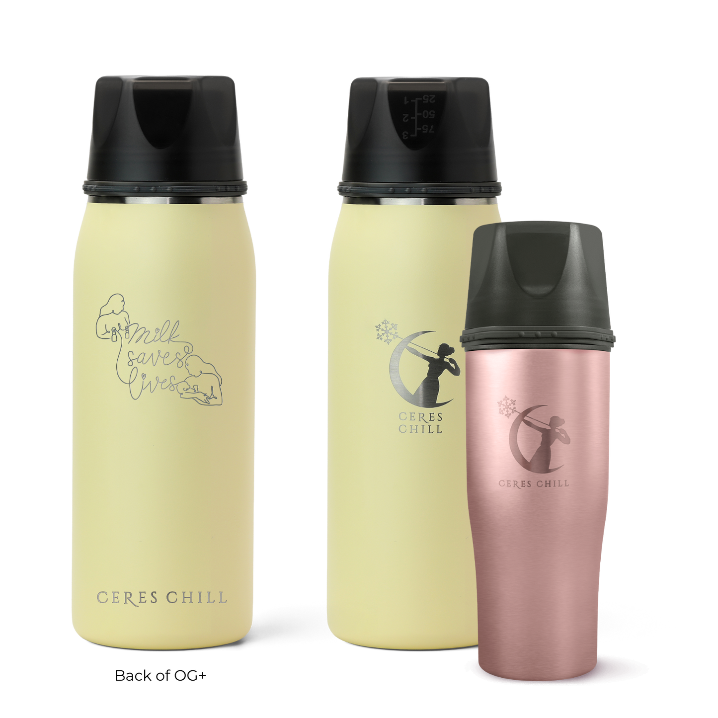 Three Ceres Chill insulated breast milk storage bottles in yellow and rose gold on a white background.