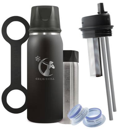 Black Ceres Chill Best Gift Breast Milk Storage Cooler with straw, tea infuser, and bottle caps accessories.