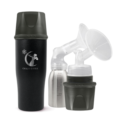 A Black Ceres Chill Demigoddess Chiller/Warmer with applications, including a insulated bottle, an inner chamber, and bottle showcasing pumping compatibility on a white background.