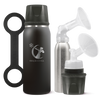 A Black Ceres Chill Chiller/Warmer with applications, including a insulated bottle, an inner chamber, and bottle showcasing pumping compatibility on a white background.