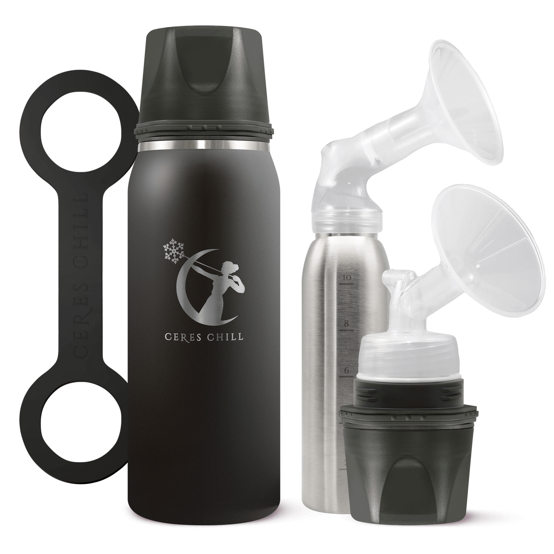 A Black Ceres Chill Chiller/Warmer with applications, including a insulated bottle, an inner chamber, and bottle showcasing pumping compatibility on a white background.