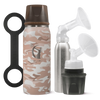 Camouflage-patterned bottle with components, inner chamber, and breast milk bottle on a white background.