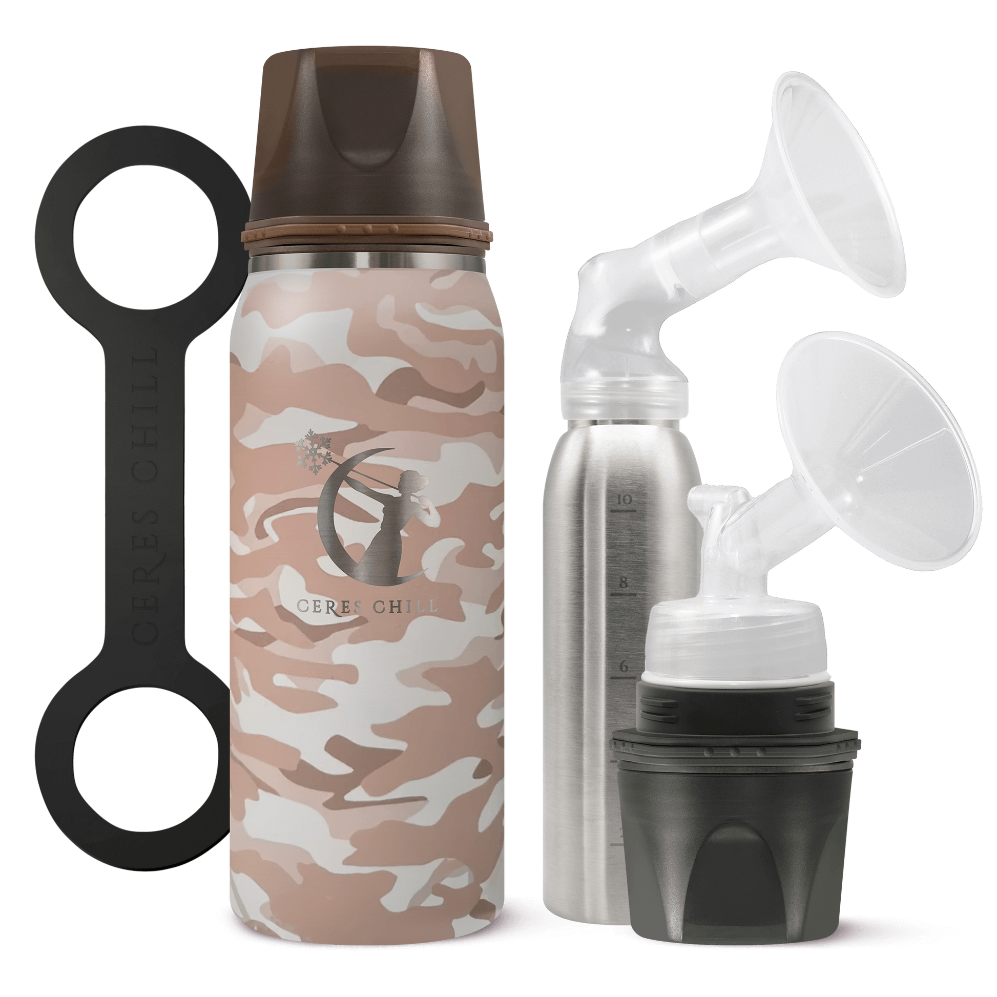 Camouflage-patterned bottle with components, inner chamber, and breast milk bottle on a white background.