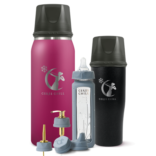 Ceres Chill breastmilk chillers set with pink and black bottles, gray silicone bloom bottle, and various accessories including a soap and oil dispenser, feeding nipples, and sip cup adapter.