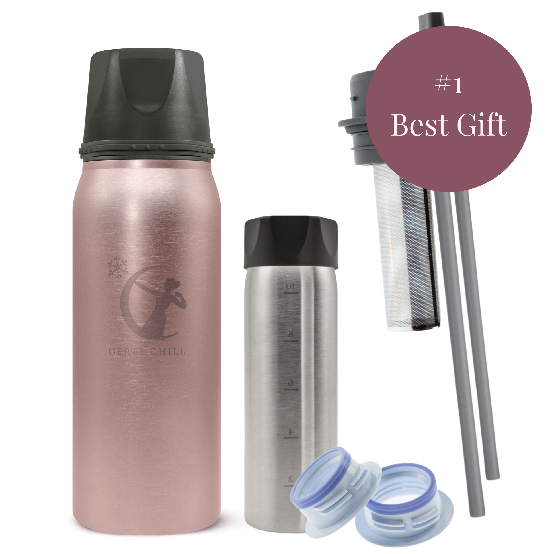 Rose Gold Ceres Chill Best Gift Breast Milk Storage Cooler with straw and bottle caps accessories.