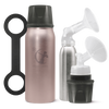 A Rose Gold Ceres Chill Chiller/Warmer with applications, including a insulated bottle, an inner chamber, and bottle showcasing pumping compatibility on a white background.
