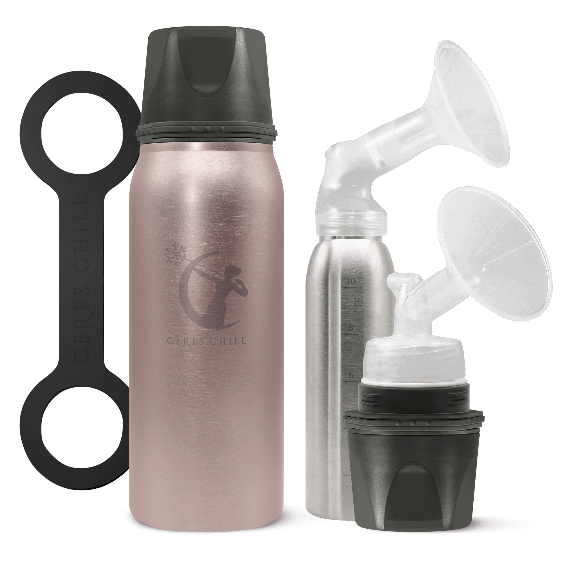A Rose Gold Ceres Chill Chiller/Warmer with applications, including a insulated bottle, an inner chamber, and bottle showcasing pumping compatibility on a white background.