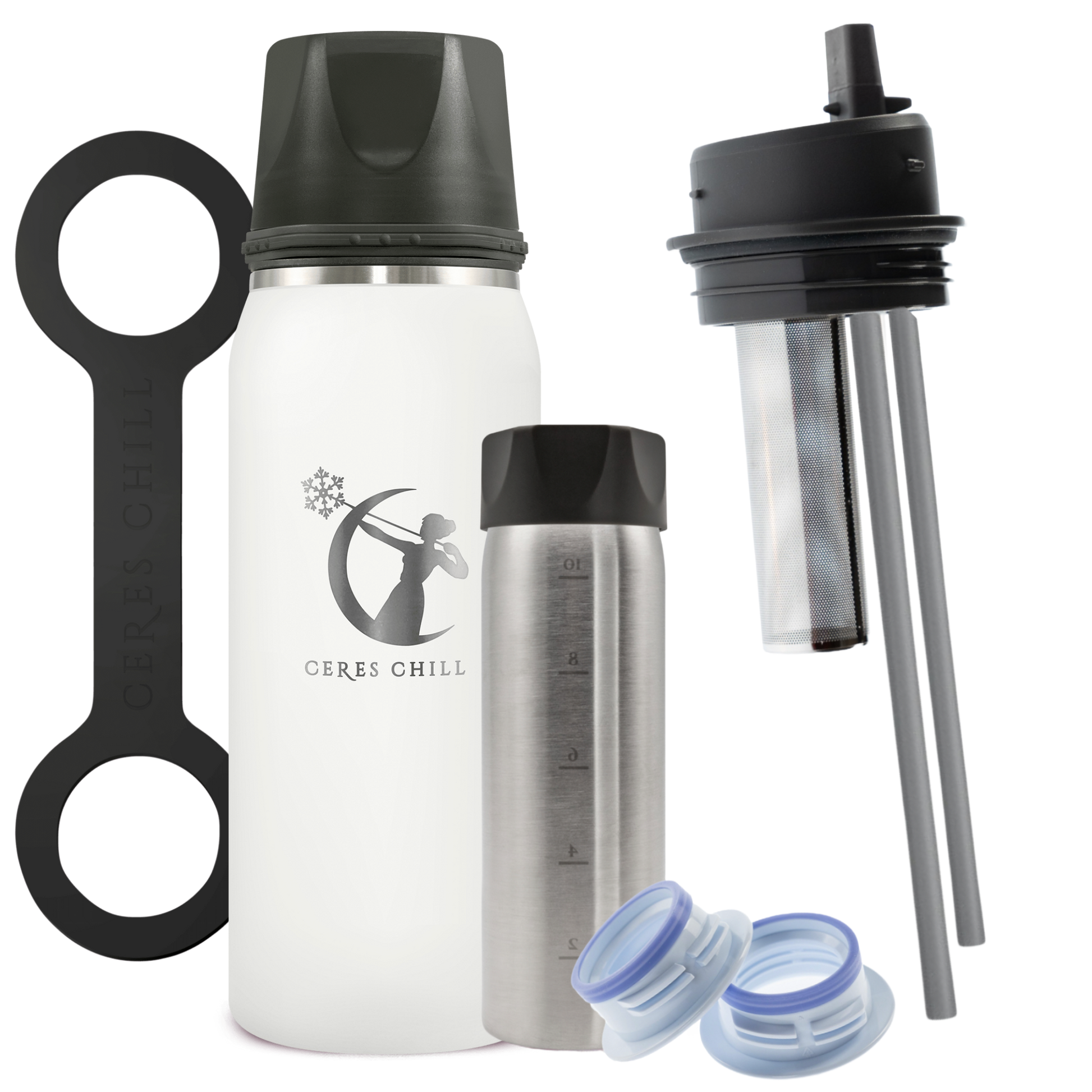 White Ceres Chill Best Gift Breast Milk Storage Cooler with straw, tea infuser, and bottle caps accessories.